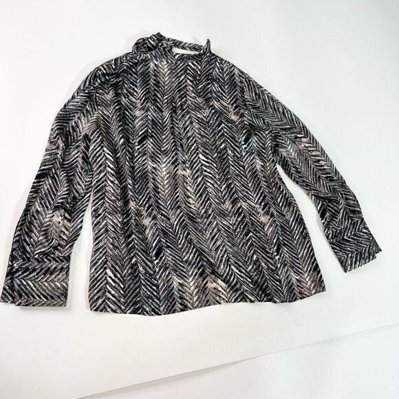 LAFAYETTE 148 Silk Button-Up Shirt Womens 14W Herringbone Tie Bow Buttoned Cuff - Picture 9 of 11